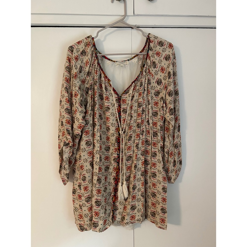 Umgee USA Boho Floral Lace Back Tunic Top Tassel Tie Beige Red 1XL WA1292
